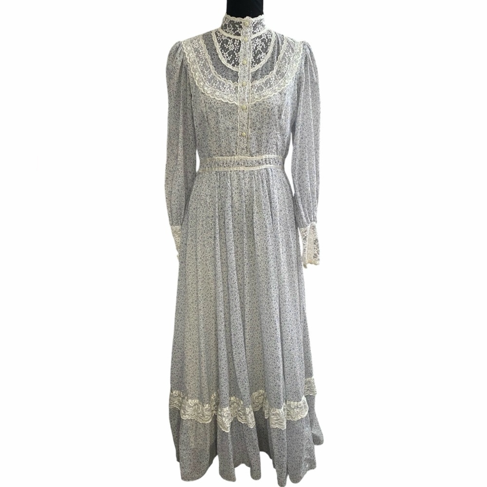 Vintage Gunne Sax by Jessica Blue Floral Print Lace Trim Prairie Dress Size 13